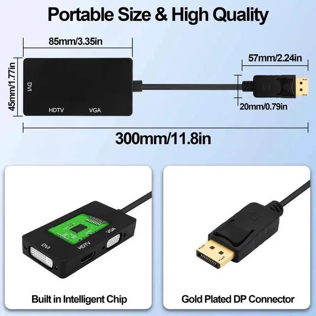 Alt view image 5 of 7 - DisplayPort to HDTV VGA DVI Adapter DP to VGA DVI HDTV 3 in 1 Adapter Converter Male to Female Cable for PC Laptop TV Projector