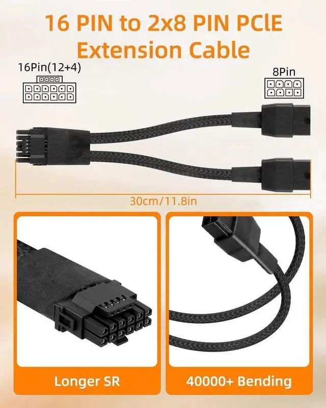 Alt view image 2 of 7 - 16AWG PCIE 5.0 GPU Power Extension Cable,12VHPWR 16 Pin(12+4) GPU Male to 2 X 8Pin PCIE Female Splitter Power Sleeved Cable for 16Pin(12+4) GPU,RTX 40/50 Series Graphics Cards(0.3M/0.98FT)