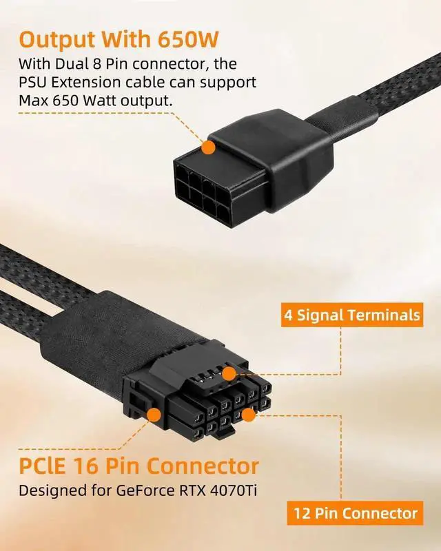 Alt view image 3 of 7 - 16AWG PCIE 5.0 GPU Power Extension Cable,12VHPWR 16 Pin(12+4) GPU Male to 2 X 8Pin PCIE Female Splitter Power Sleeved Cable for 16Pin(12+4) GPU,RTX 40/50 Series Graphics Cards(0.3M/0.98FT)