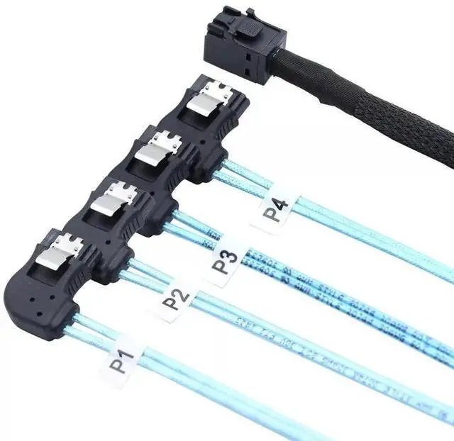 Alt view image 5 of 5 - Mini SAS HD SFF-8643 to 4 Ports Right Angle SATA Server Connections Cable 50CM