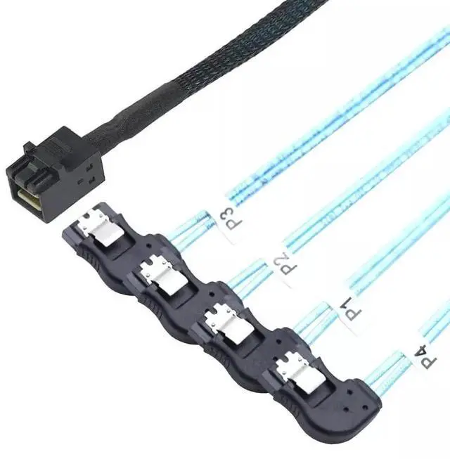 Alt view image 4 of 5 - Mini SAS HD SFF-8643 to 4 Ports Right Angle SATA Server Connections Cable 50CM