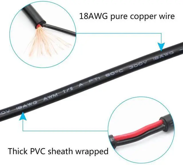 Alt view image 3 of 7 - DC 5.5mm x 2.1mm Male Plug Power Pigtail Wire 1M/3FT,18AWG 90 Degree Right Angle DC5521 Male Plug Jack to 2 Pin Bare Wire Open End Power Cable,for DC Power Supply Cable Repair Replacement(2Pcs)