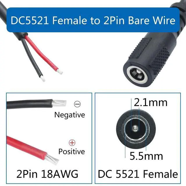 Alt view image 3 of 7 - 12V DC Power Pigtail Cable,18AWG 0.5M/1.65FT DC 5.5mm x 2.1mm Female Plug to Bare Wire Open End Power Wire,for DC 5521 Power Wire Supply Repair Cable(2Pcs)