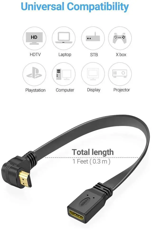 Main image of HDMI Extension Cable High Speed 90-Degree Down Angle Male to Female Extension Wire Cord HDMI Extender - Gold Plated Plugs (1FT)