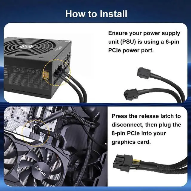 Alt view image 6 of 7 - 2-Pack 6 Pin to 8 Pin GPU Adapter, Dual 6 Pin Female to 8 Pin Male GPU Power Sleeved Cable for GPUs - 9.5Inches(24cm)