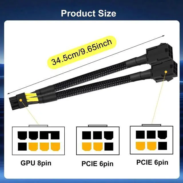 Alt view image 5 of 7 - 2-Pack 6 Pin to 8 Pin GPU Adapter, Dual 6 Pin Female to 8 Pin Male GPU Power Sleeved Cable for GPUs - 9.5Inches(24cm)