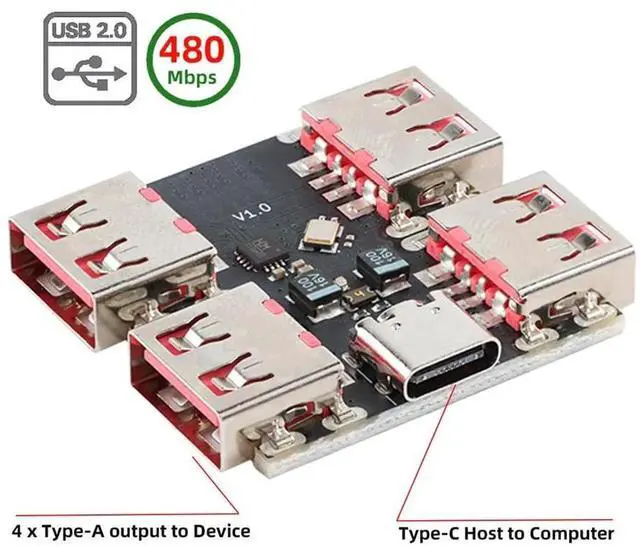 Alt view image 2 of 7 - USB 2.0 1-to-4 Four Ports HUB Splitter PCBA Expansion Module Board PCs Multiport 4 Devices Type-C for Keyboard Mouse Scanner Printer