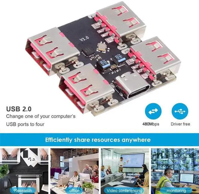 Alt view image 7 of 7 - USB 2.0 1-to-4 Four Ports HUB Splitter PCBA Expansion Module Board PCs Multiport 4 Devices Type-C for Keyboard Mouse Scanner Printer