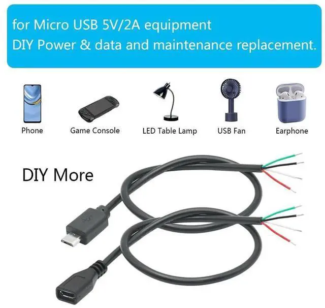 Alt view image 6 of 7 - 2Pair Short Micro USB 4 Pin Bare Wire 11inch, 5V/2A Micro USB Male & Female 4 Pin Pigtail Open End Power and Data Cable, for USB Equipment Installed or Replacement Repair DIY Cable