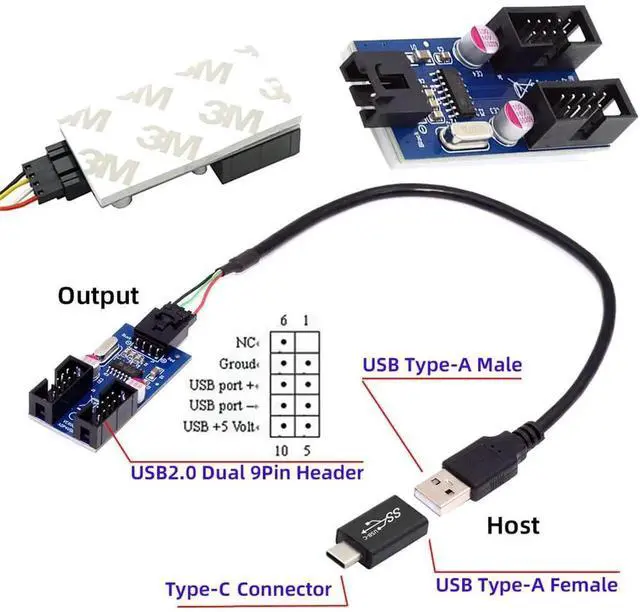 Alt view image 4 of 7 - USB 3.1 Front Panel Header Male USB-C Type-C to USB 2.0 Type-A Male 1 to 2 Female Motherboard 9pin 10pin HUB Adapter DC 5v Port Multiplier