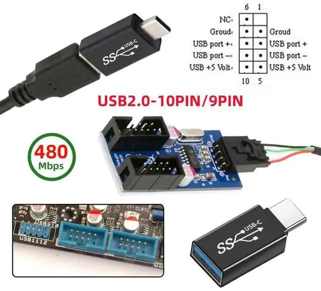Alt view image 6 of 7 - USB 3.1 Front Panel Header Male USB-C Type-C to USB 2.0 Type-A Male 1 to 2 Female Motherboard 9pin 10pin HUB Adapter DC 5v Port Multiplier