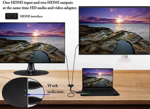 Alt view image 4 of 7 - 1080P 4K HDMI 2.0 one in Two Video Splitter with USB Power Cord,with USB2.0 HDMI1 Male to HDMI2 Female Cable,Suitable for with HDMI Interface Such as Laptop/Monitor/Projector. (0.3M)