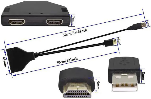 Alt view image 2 of 7 - 1080P 4K HDMI 2.0 one in Two Video Splitter with USB Power Cord,with USB2.0 HDMI1 Male to HDMI2 Female Cable,Suitable for with HDMI Interface Such as Laptop/Monitor/Projector. (0.3M)