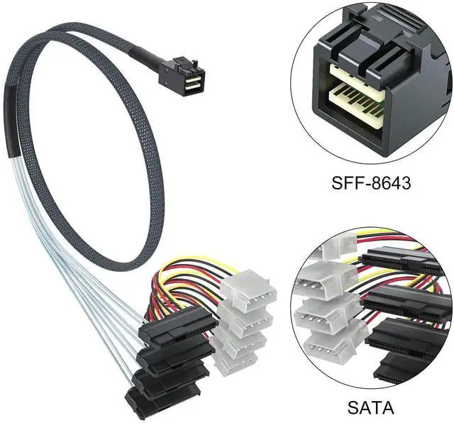 Alt view image 2 of 6 - MiniSAS HD SFF-8643 to 4xSFF-8482 Fan-Out SAS Cable with IDE Molex SATA Power for Raid Controller to Hard Drive, 12Gb/s, 0.5m(1.6ft)