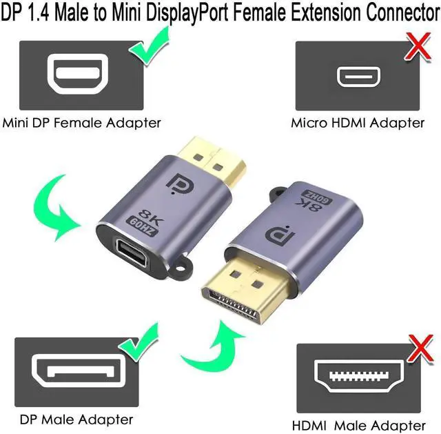 Alt view image 2 of 6 - DP to Mini DP Adapter 8K@60Hz DP 1.4 Male to Mini DisplayPort Female Extension Connector, with LEDs and Hanging Hole, for Tablet MacBook Surface Laptop HDTV, 2Pcs(DP-mDP)
