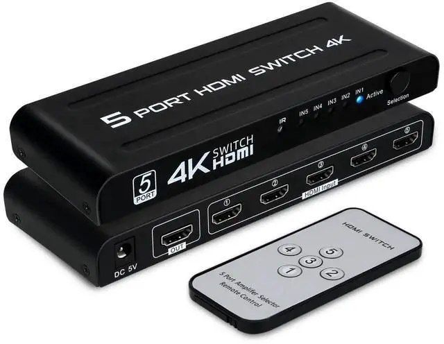 Main image of 4K HDMI Switch 5 in 1 Out,5 Port HDMI Switcher Selector Box with IR Remote Control & Auto Switch, Support 4K@30Hz, HDR, HDMI 1.4, HDCP, 3D, 1080P for HDTV PS3 PS4 Xbox Projector Blu-ray Player