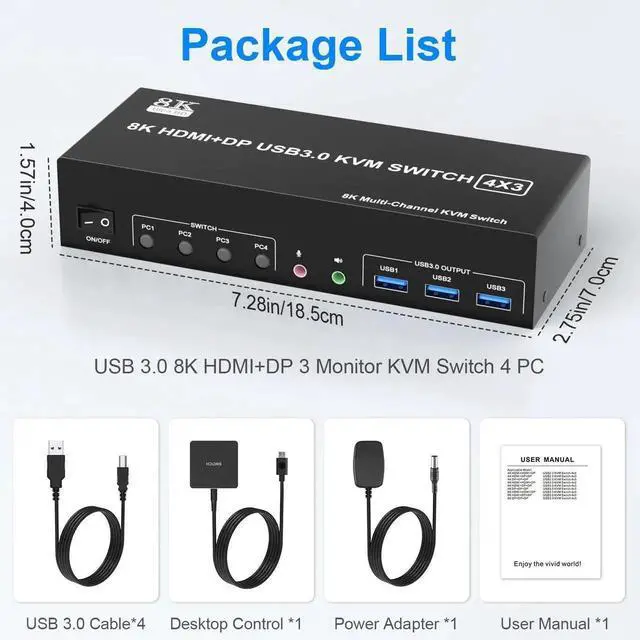 Alt view image 7 of 7 - KVM Switch 3 Monitors 4 Computers 8K@60Hz 4K@144Hz, 2 HDMI+1 Displayport KVM Switch Triple Monitor for 4 Computer Share 3 Monitor and 3 USB3.0 Port Keyboard Mouse, Support Extended and Copy Mode