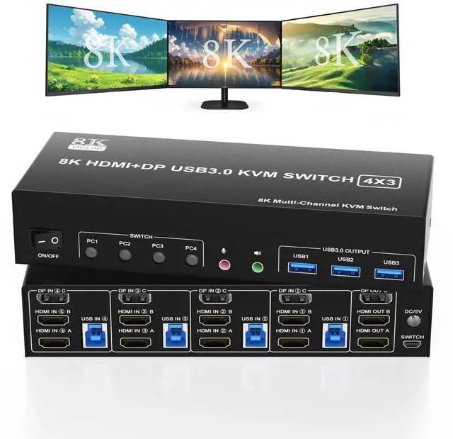 Main image of KVM Switch 3 Monitors 4 Computers 8K@60Hz 4K@144Hz, 2 HDMI+1 Displayport KVM Switch Triple Monitor for 4 Computer Share 3 Monitor and 3 USB3.0 Port Keyboard Mouse, Support Extended and Copy Mode