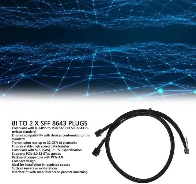 Alt view image 2 of 6 - MCIO 8i to 2*SFF-8643 Cable, MCIO x8 74Pin to Mini SAS HD SFF-8643 Cord, Compliant with SCSI (SAS), PCIE 5.0, 32GT / s Data Transfer Speed, for Server Data Center (31.5in)