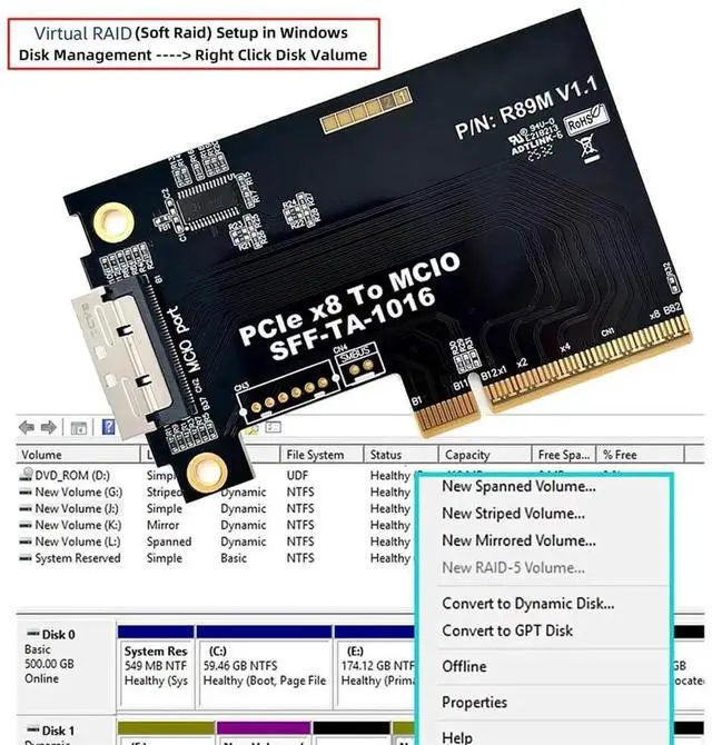 Alt view image 2 of 7 - MCIO 8i External Mini Cool Edge IO SFF-TA-1016 to PCI-Express 8X PCIE5.0 VROC Adapter for Mainboard SSD Graphics Card