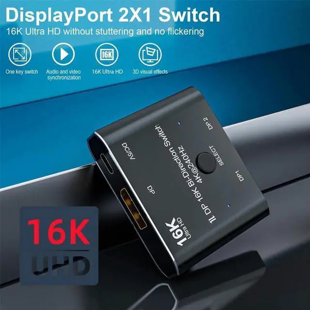 Alt view image 2 of 7 - DP Bi-Direction 2x1 Splitter DisplayPort 2.0 Switcher Box Selector Hub Support HDCP SST Extended 16K@60hz 4K@240hz Convertor Compatible with PC Monitor