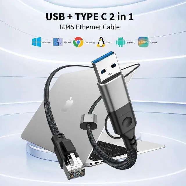 Alt view image 3 of 7 - USB C to Ethernet Adapter 10FT, 2in1 USB-C/USB 3.0 to RJ45 Network Cord, 1000Mbps Gigabit Directly Connected, Ethernet Cable Type C Compatible for MacBook Pro,iPad Pro,Smartphone,Laptop,PC