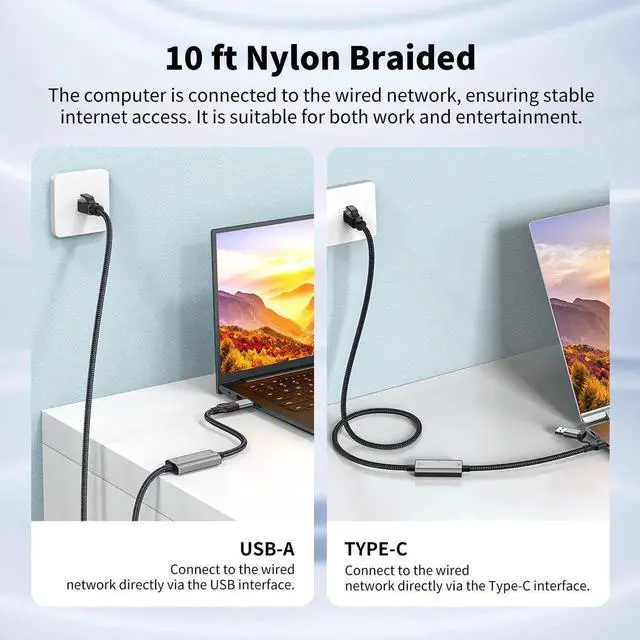 Alt view image 2 of 7 - USB C to Ethernet Adapter 10FT, 2in1 USB-C/USB 3.0 to RJ45 Network Cord, 1000Mbps Gigabit Directly Connected, Ethernet Cable Type C Compatible for MacBook Pro,iPad Pro,Smartphone,Laptop,PC