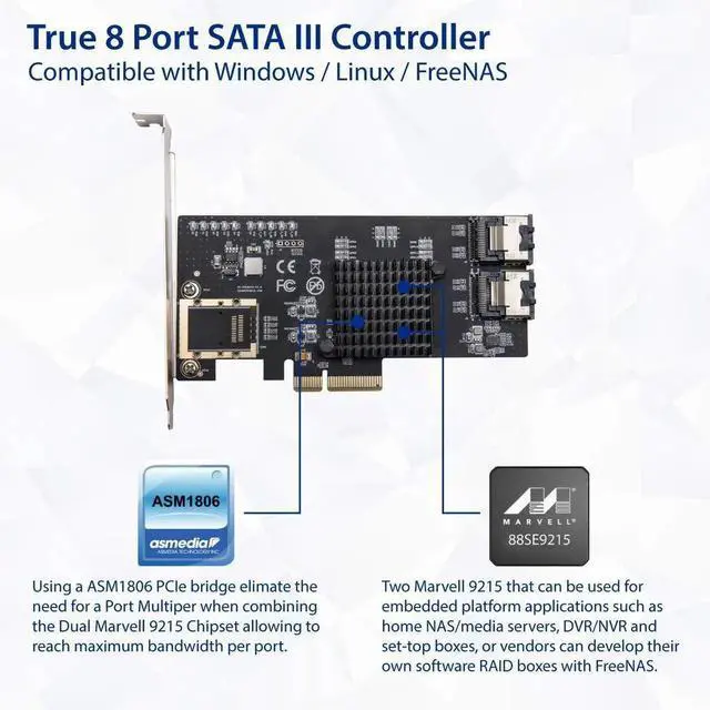 Alt view image 3 of 6 - 8 Port SATA III Non-RAID PCI-e x4 Expansion Card Supports FreeNAS and ZFS RAID - Includes Mini SAS to SATA Breack Out Cables (SI-PEX40137)