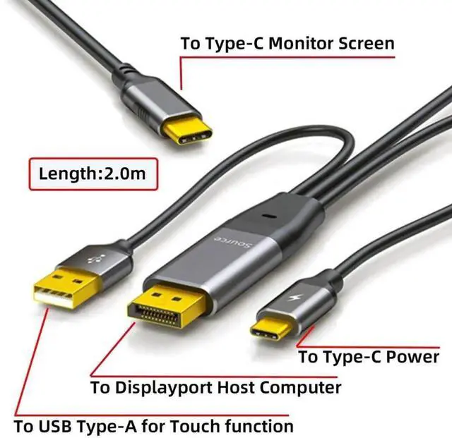 Alt view image 3 of 7 - Reversed Displayport to USB-C Cable 4K, DP Host Source to Type C Male Touch Screen Displays HDTV Cord for Laptop Monitor 2.0m/6.56ft