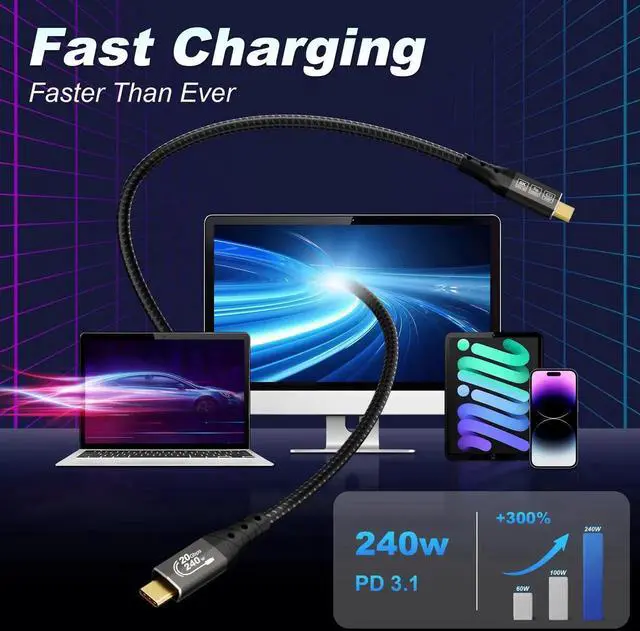 Alt view image 4 of 7 - USB C Cable 10FT, USBC 3.2 20Gbps Data transfer, 240W Fast Charging Type C to Type C, 4K@144Hz / 60Hz, 8K@30Hz USB C Monitor Video Cable for Thunderbolt 4, MacBook Pro, iPad, XPS, VR (3m)