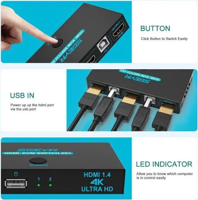 Alt view image 5 of 6 - SGEYR 2x1 HDMI KVM Switch 4K 2 Port USB KVM Switch 2 PC 1 Monitor KVM Switch Keyboard Mouse Share Support 4Kx2K@30Hz 3D 1080P