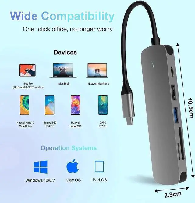 Alt view image 5 of 7 - WISDUM USB C HUB, Docking Station 6 in 1 with USB 3.0 Port, USB-C Port/PD, 4K HDMI and SD/TF Card Reader, USB C Adapter Compatible with MacBook Pro/Air Laptops and Other Type-C Devices