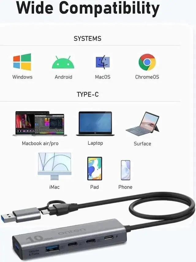 Alt view image 3 of 7 - WISDUM USB C Hub,USB C to USB C/A Adapter with USB3.2 GEN2 Speed. USB/USB C Splitter with 2*USBA(10G) 2*USB C(10G).4 Ports USB C Adapter e(Data Transfer only,Not Support Power and Monitor)