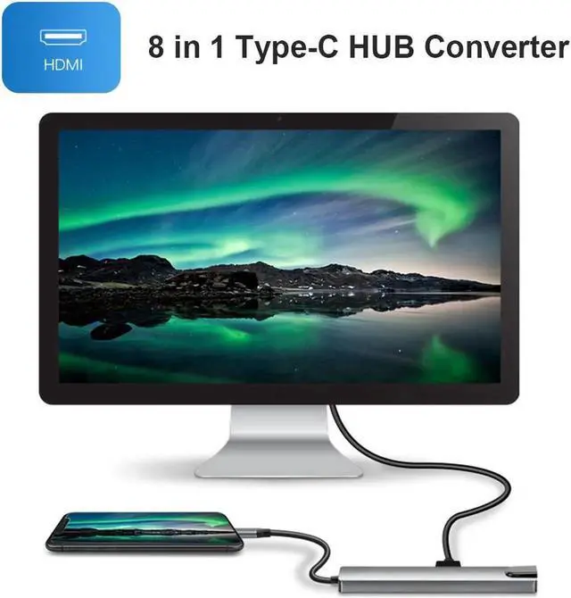 Alt view image 3 of 7 - WISDUM USB C Docking Station, 8-in-1 USB C Hub Adapter Dock with 4K USB C to 4k HDMI, RJ45 Port,USB-C PD Charging Port,Type-C Data Port, 2 USB 3.0 Ports, SD/TF Card Reader for MacBook/Pro, Chromebook