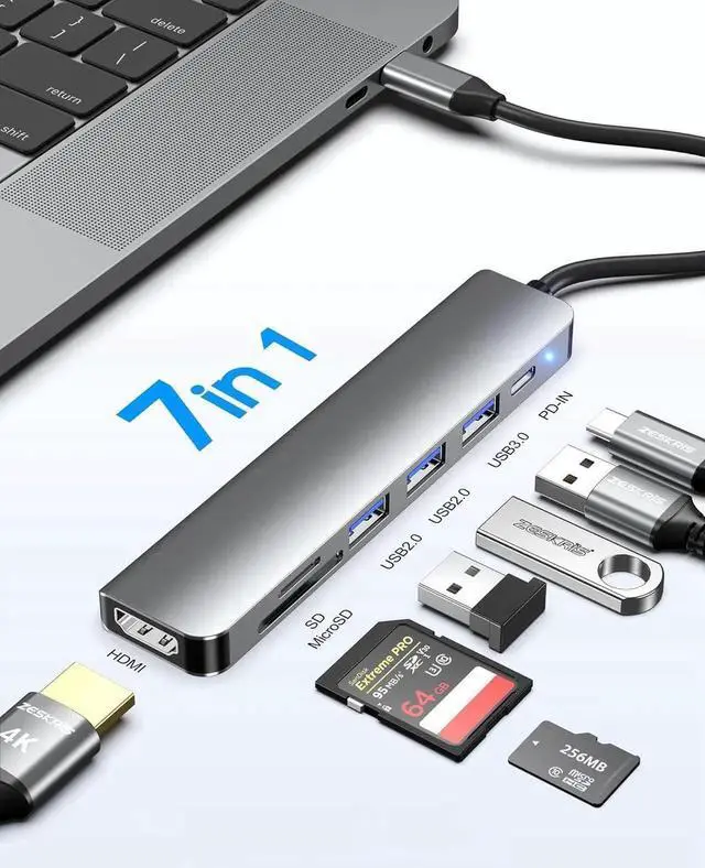 Main image of WISDUM USB C Hub, 7-in-1 USB C to HDMI Adapter with 4K HDMI, 100W PD, 1*USB 3.0, 2*USB 2.0 and SD/TF Card Reader, Multiport Splitter Compatible with MacBook Air/Pro M1/M2, Surface Go and More