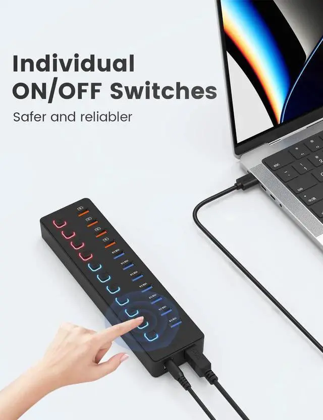 Alt view image 2 of 7 - WISDUM Powered USB Hub, 11-Port USB Splitter Hub (7 Faster Data Transfer Ports+ 4 Smart Charging Ports) with Individual LED On/Off Switches, USB Hub 3.0 Powered with Power Adapter for Mac, PC