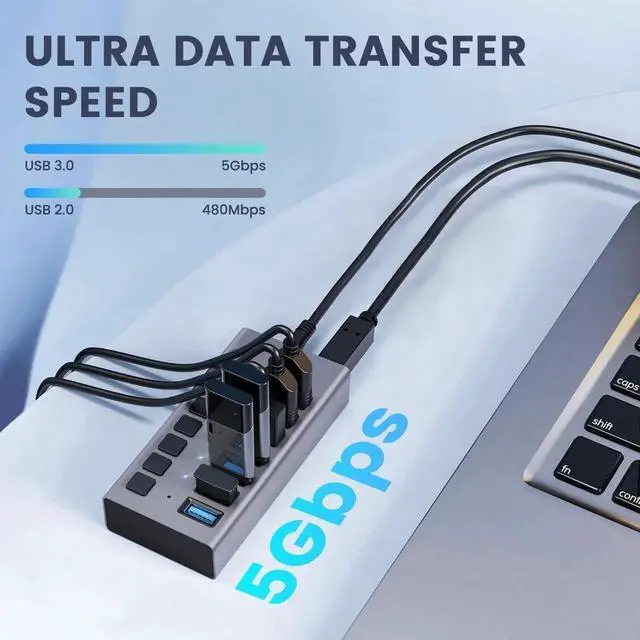 Alt view image 7 of 7 - WISDUM Powered USB Hub, 7 Port USB 3.0 Hub Splitter Portable Aluminum USB Data Hub Expander with Individual On/Off Switch and Universal 12V3A AC Adapter, 3.3ft USB 3.0 Cable (HS082-7U)