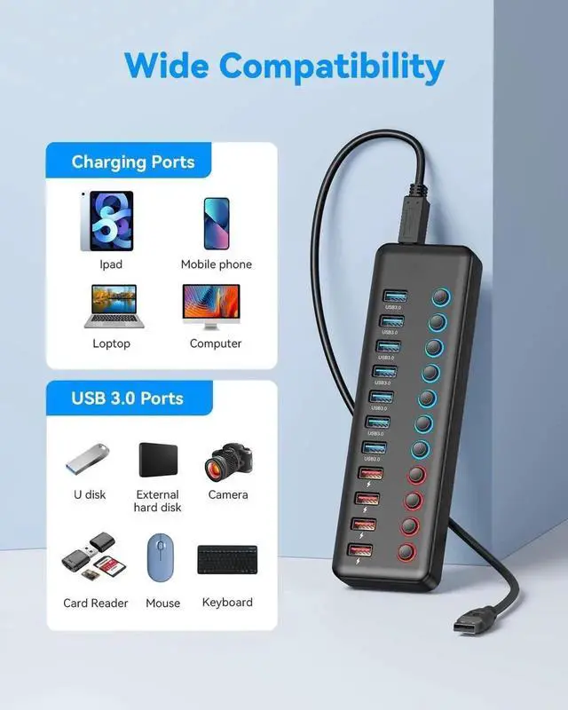 Alt view image 6 of 7 - WISDUM11 Ports USB Hub, 7 Ports Super High Speed Data Ports and 4 Smart Charging Ports USB 3.0 Hub Splitter , Black Smart Fast Charger Powered USB Hub for Laptop, Mac, PC, Mobile HDD, Mulitple Devices