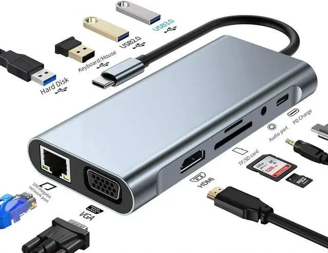 Main image of WISDUM 11 in 1 USB C Hub Docking Station with 4K HDMI, VGA, RJ45, USB 3.0, 3*USB 2.0 Ports, 100W USB-C PD, 3.5mm Aux Ports for MacBook/Laptops and More Devices, HDD, Xbox, Printer, Mouse, Keyboard