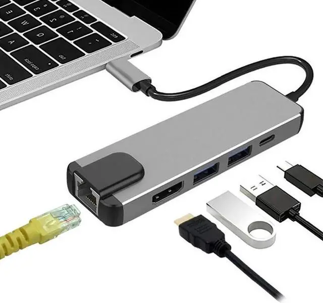 Main image of WISDUM USB C Hub Adapter for MacBook Pro/Air, 5-in-1 USB C Adapter Multi Port with 4K HDMI, 1000Mbps Ethernet Port, 100W Power Delivery, 2 USB 3.0 Ports for MacBook/Pro/Air, Type C Windows Laptop