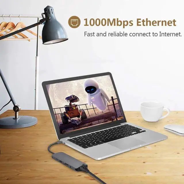 Alt view image 4 of 6 - WISDUM USB C Hub, 9-in-1 USB Type C Multiport Adapter for MacBook Pro 2018, 2017, Apple MacBook Air 2018, 4K USB C to HDMI,3 USB 3.0 &1 USB 2.0, Gigabit Ethernet, SD/TF Card Reader, Power Delivery