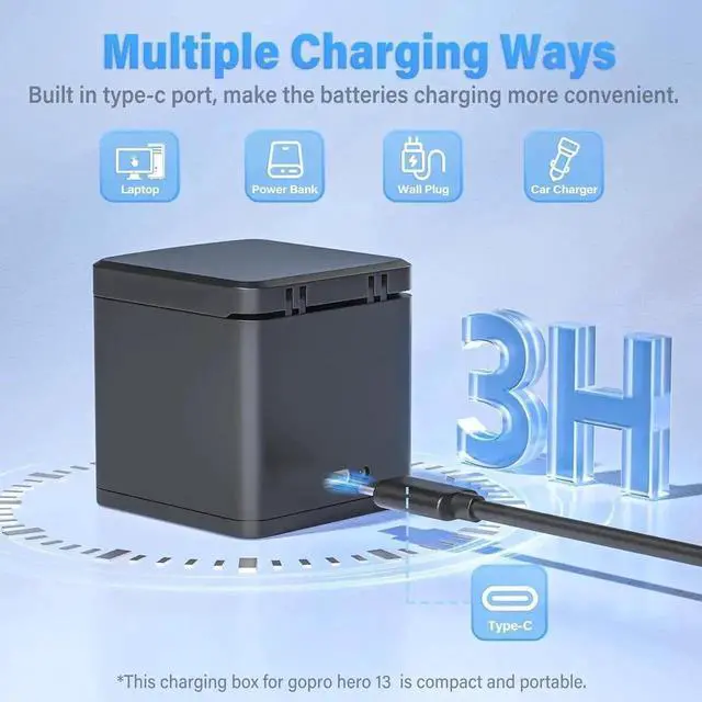 Alt view image 2 of 7 - WISDUM For Gopro Hero 13 Battery 3-Pack 2100mAh and USB Storage 3-Channel Fast Charger Fully Compatible with Go Pro Hero 13 Black