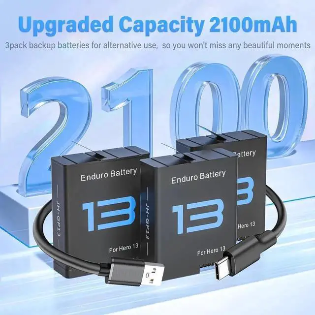 Alt view image 5 of 7 - WISDUM For Gopro Hero 13 Battery 3-Pack 2100mAh and USB Storage 3-Channel Fast Charger Fully Compatible with Go Pro Hero 13 Black