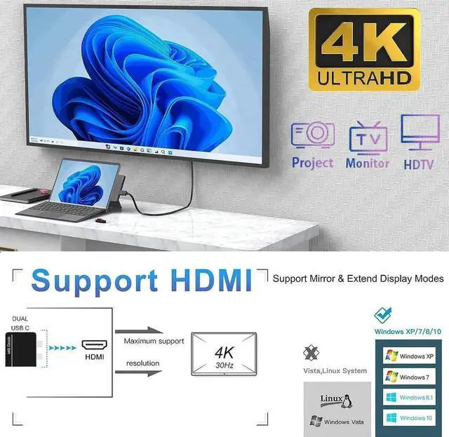 Alt view image 2 of 7 - 8-in-2 Surface Pro 9 Pro 8 Docking Station, Surface Pro 8 Hub with 4K HDMI,100W USB-C Thunderbolt 4(Display+Data+PD Charging), USB C(Data), Audio,2*USB 3.0, TF/SD Card for Microsoft Surface Pro 9/8/X