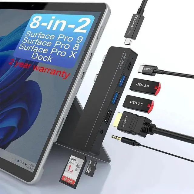 Main image of 8-in-2 Surface Pro 9 Pro 8 Docking Station, Surface Pro 8 Hub with 4K HDMI,100W USB-C Thunderbolt 4(Display+Data+PD Charging), USB C(Data), Audio,2*USB 3.0, TF/SD Card for Microsoft Surface Pro 9/8/X