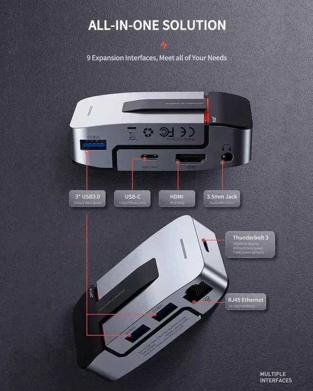 Alt view image 3 of 7 - WISDUM Baseus USB C Hub Adapter for MacBook Pro 2020/2019/2018/2017, 9-in-1 USB Type C Hub Dongle with 2 Thunderbolt 3 Ports(40Gbps), 4K HDMI, RJ45 Ethernet, USB-C Data Port, 3 USB 3.0 and Audio