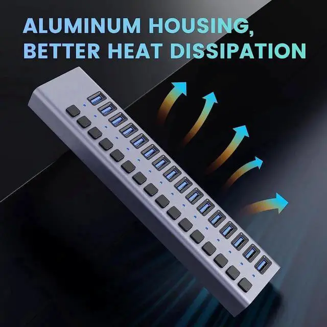 Alt view image 6 of 7 - WISDUM Powered USB Hub, 16-Port USB 3.0 Hub Splitter (16 USB 3.0 Data Ports + Charging Ports) with Individual LED On/Off Switches for USB Flash Drives, Mobile HDD, Printer, Camera and More