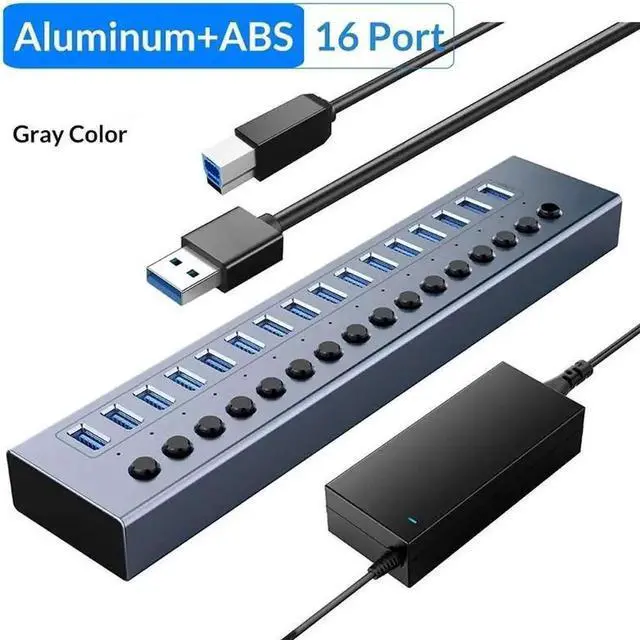 Main image of WISDUM Powered USB Hub, 16-Port USB 3.0 Hub Splitter (16 USB 3.0 Data Ports + Charging Ports) with Individual LED On/Off Switches for USB Flash Drives, Mobile HDD, Printer, Camera and More
