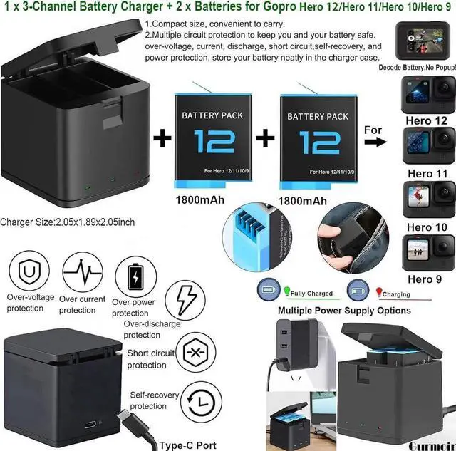 Alt view image 6 of 7 - WISDUM Accessories Kit with Battery and Charger for Gopro Hero 12 11 10 9 Black, Waterproof Case+Selfie Stick+Tripod+2 Battery+3-Channel Charger Station Compatible with Go pro 12 11 10 9