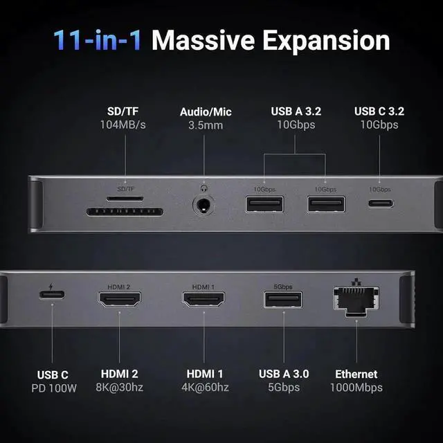 Alt view image 4 of 7 - WISDUM Revodok Pro 211 Laptop Docking Station 11 in 1 USB C Dock Dual HDMI 4K@60Hz Single 8K@30Hz 10Gbps Data Port 100W PD Gigabit Ethernet, SD/TF Card Reader Compatible for Thinkpad, Zenbook and more